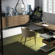 Kortárs, diófa furnérral borított, dizájn komódszekrény edzett üveg lábakkal.