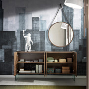 Kortárs, diófa furnérral borított, dizájn komódszekrény edzett üveg lábakkal.