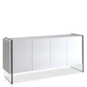 Kortárs stílusú, magasfényű, fehér színű lakkal festett, dizájn komódszekrény edzett üveg lábakkal.