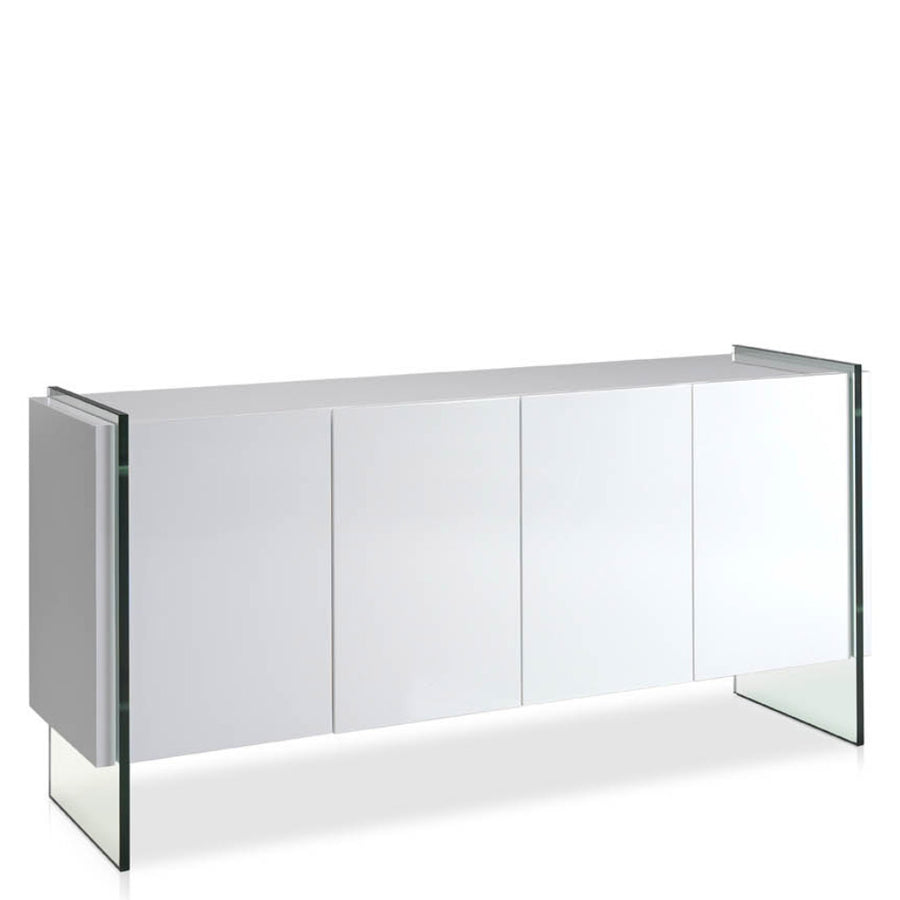 Kortárs stílusú, magasfényű, fehér színű lakkal festett, dizájn komódszekrény edzett üveg lábakkal.