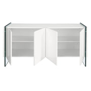 Magasfényű fehér komód nyitott ajtókkal, polcos belső térrel