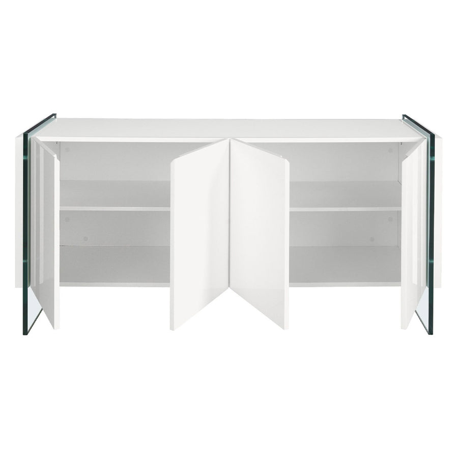 Magasfényű fehér komód nyitott ajtókkal, polcos belső térrel