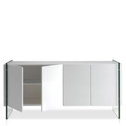 Kortárs stílusú, magasfényű, fehér színű lakkal festett, dizájn komódszekrény edzett üveg lábakkal.