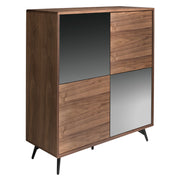 Kortárs stílusú, diófa furnérral borított, dizájn komódszekrény tükrös ajtókkal.