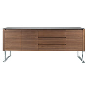 Kortárs stílusú, diófa furnérral borított, dizájn komódszekrény fekete edzett üveg fedlappal.