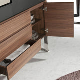 Kortárs stílusú, diófa furnérral borított, dizájn komódszekrény fekete edzett üveg fedlappal.