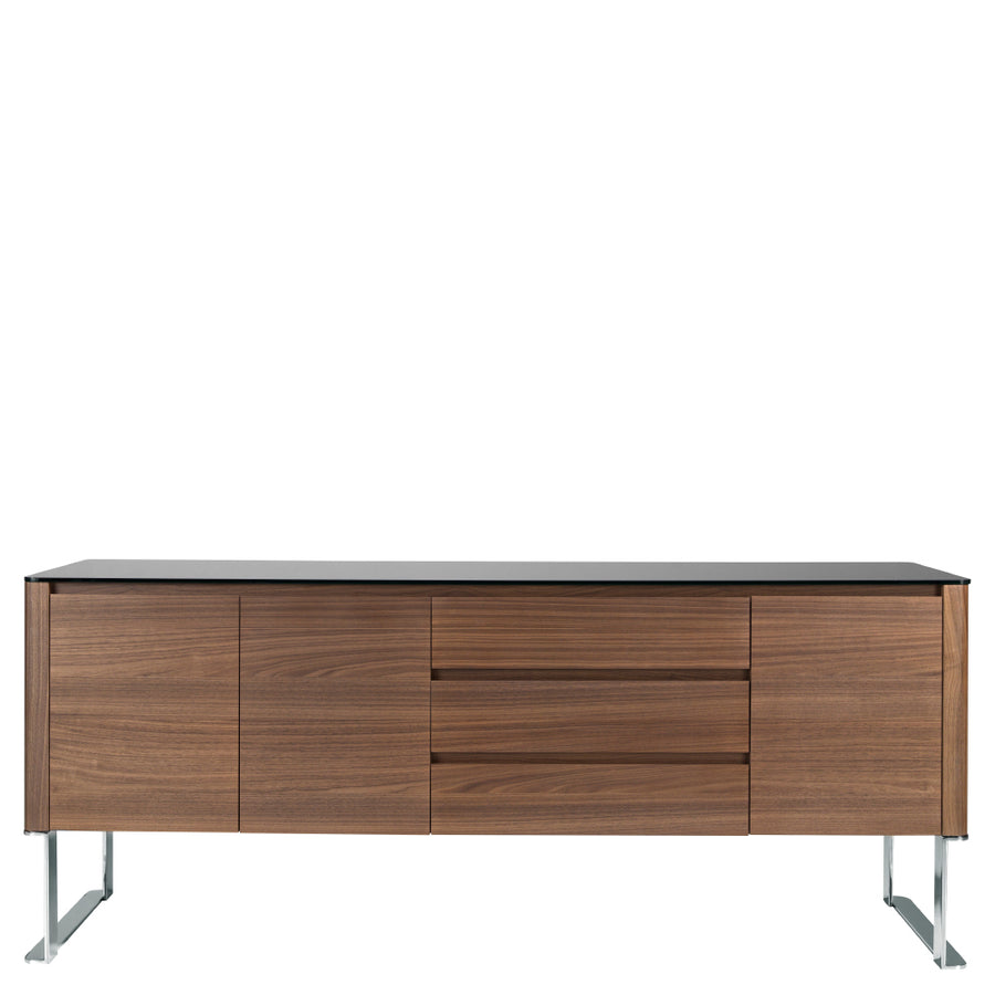 Kortárs stílusú, diófa furnérral borított, dizájn komódszekrény fekete edzett üveg fedlappal.