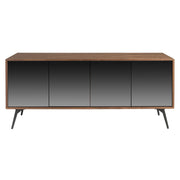 Kortárs stílusú, diófa furnérral borított, dizájn komódszekrény tükrös ajtókkal.