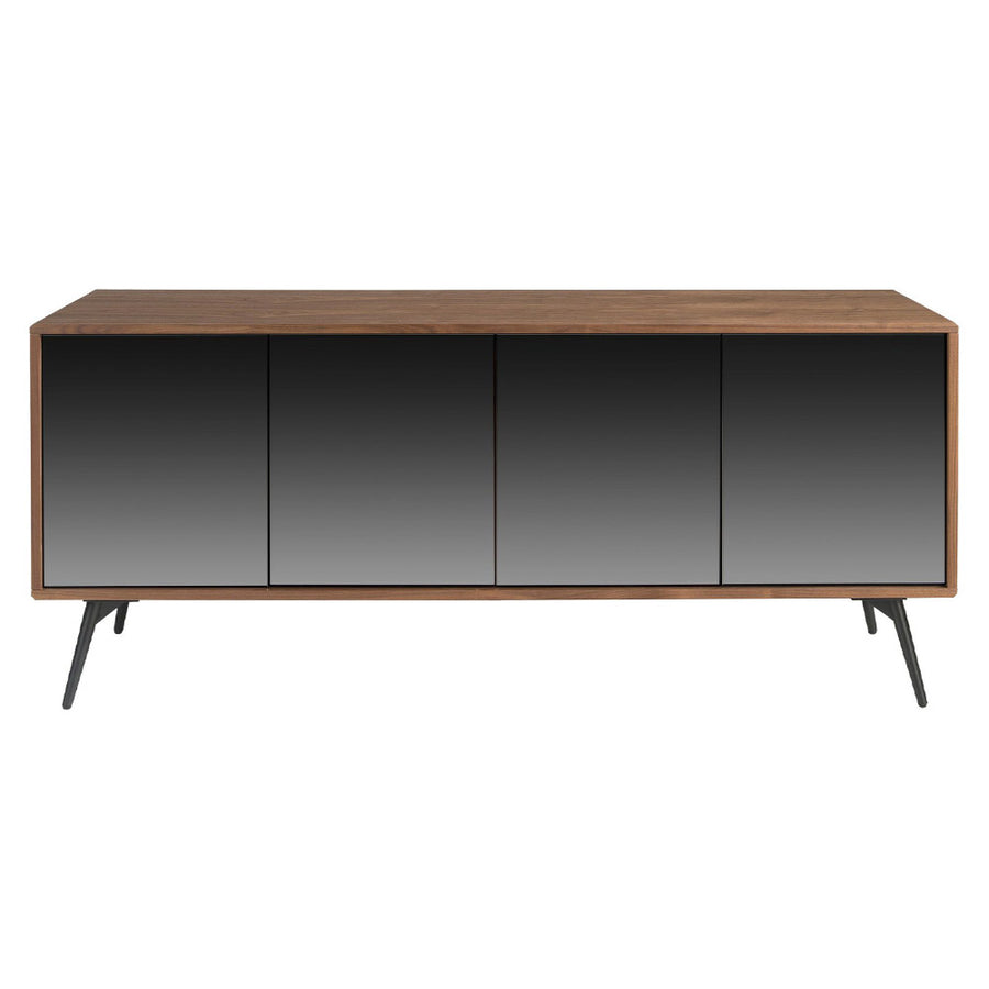 Kortárs stílusú, diófa furnérral borított, dizájn komódszekrény tükrös ajtókkal.