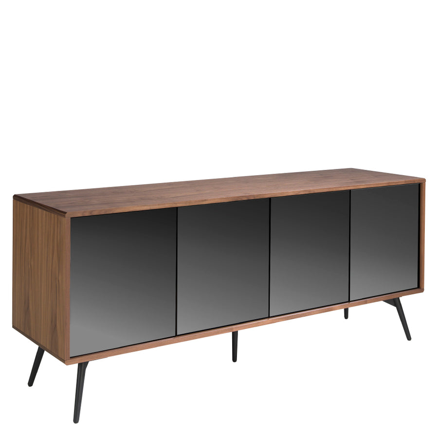 Kortárs stílusú, diófa furnérral borított, dizájn komódszekrény tükrös ajtókkal.