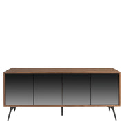 Kortárs stílusú, diófa furnérral borított, dizájn komódszekrény tükrös ajtókkal.