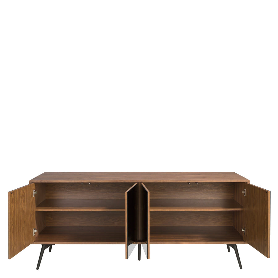 Kortárs stílusú, diófa furnérral borított, dizájn komódszekrény tükrös ajtókkal.