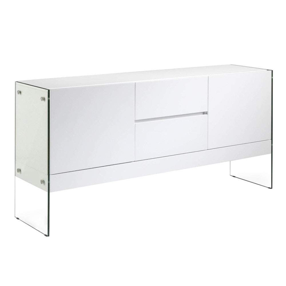 Kortárs stílusú, magasfényű, fehér színű lakkal festett, dizájn komódszekrény edzett üveg lábakkal.