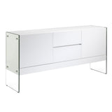 Kortárs stílusú, magasfényű, fehér színű lakkal festett, dizájn komódszekrény edzett üveg lábakkal.