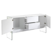 Kortárs stílusú, magasfényű, fehér színű lakkal festett, dizájn komódszekrény edzett üveg lábakkal.