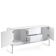 Kortárs stílusú,magasfényű, fehér lakkal festett, dizájn komódszekrény edzett üveg lábakkal.