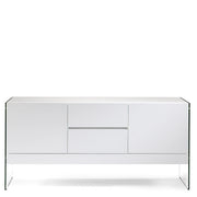 Kortárs stílusú,magasfényű, fehér lakkal festett, dizájn komódszekrény edzett üveg lábakkal.