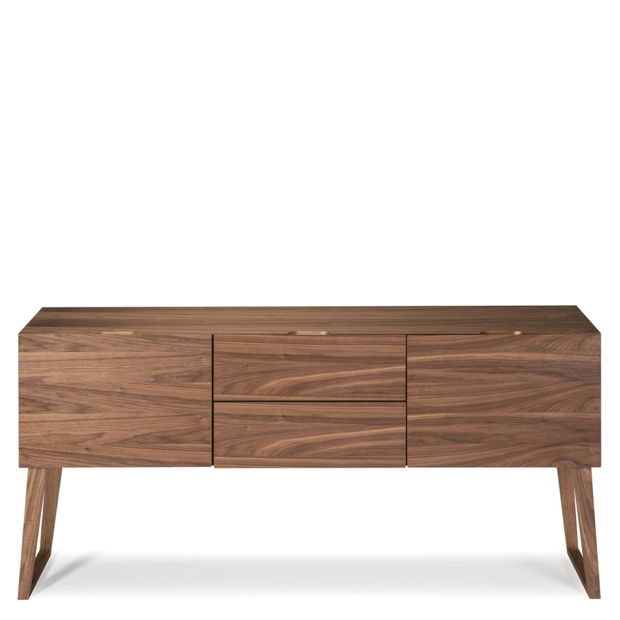 Kortárs stílusú, diófa furnérral borított, dizájn komódszekrény.