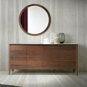 Kortárs stílusú, diófa furnérral borított, dizájn komódszekrény porcelán fedlappal.