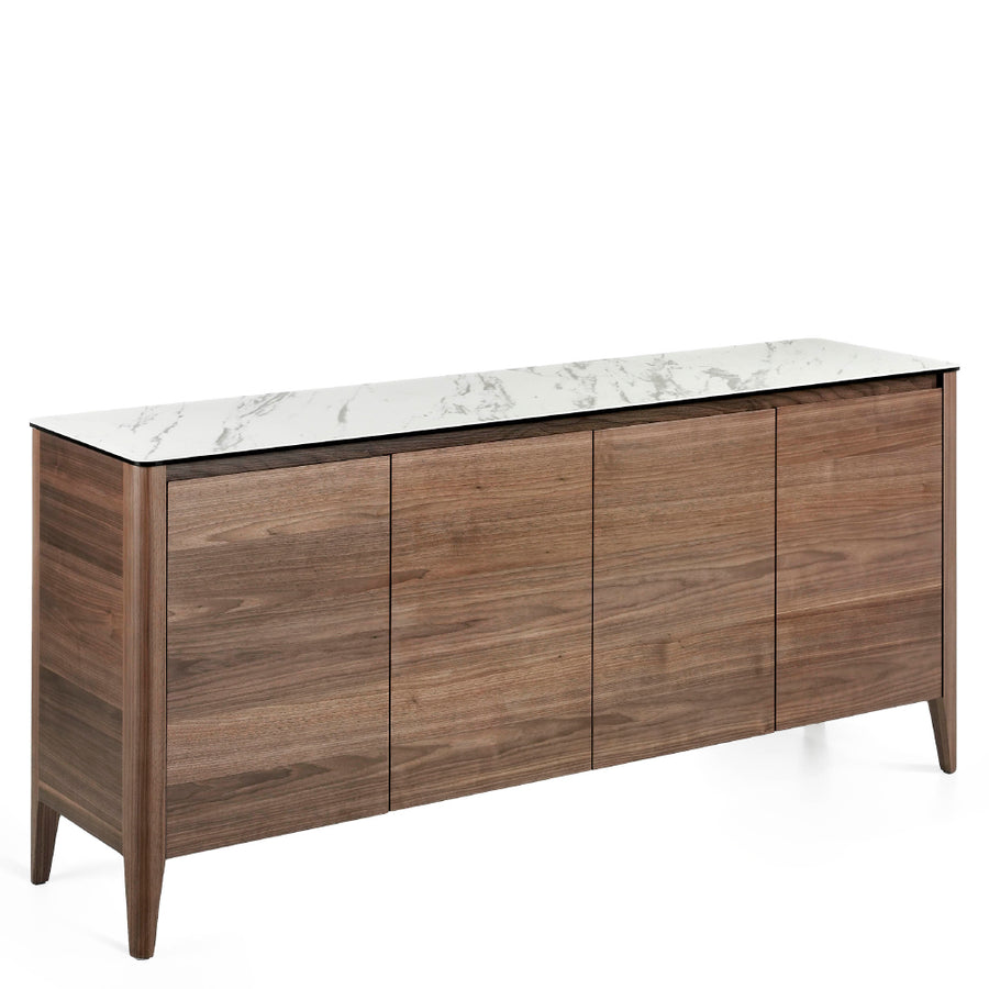 Kortárs stílusú, diófa furnérral borított, dizájn komódszekrény porcelán fedlappal.