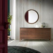 Kortárs stílusú, diófa furnérral borított, dizájn komódszekrény porcelán fedlappal.