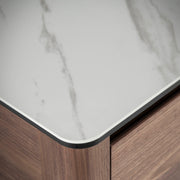 Kortárs stílusú, diófa furnérral borított, dizájn komódszekrény porcelán fedlappal.