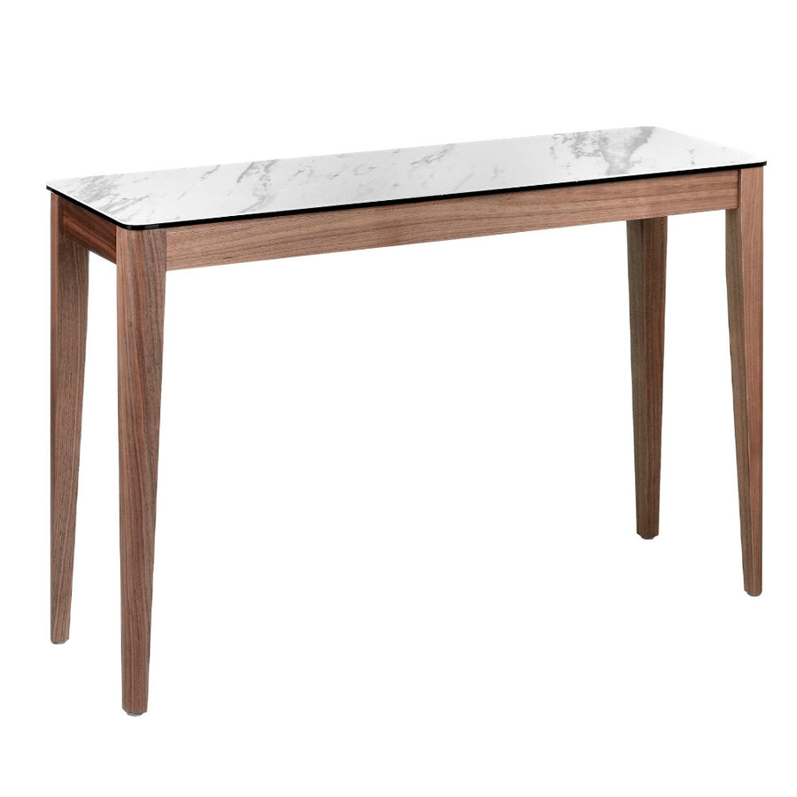 Kortárs stílusú, diófa furnérral borított, dizájn konzolasztal porcelán fedlappal.