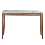 Kortárs stílusú, diófa furnérral borított, dizájn konzolasztal porcelán fedlappal.