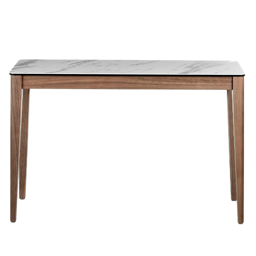 Kortárs stílusú, diófa furnérral borított, dizájn konzolasztal porcelán fedlappal.