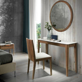 Kortárs stílusú, diófa furnérral borított, dizájn konzolasztal porcelán fedlappal.