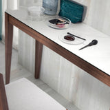 Kortárs stílusú, diófa furnérral borított, dizájn konzolasztal porcelán fedlappal.