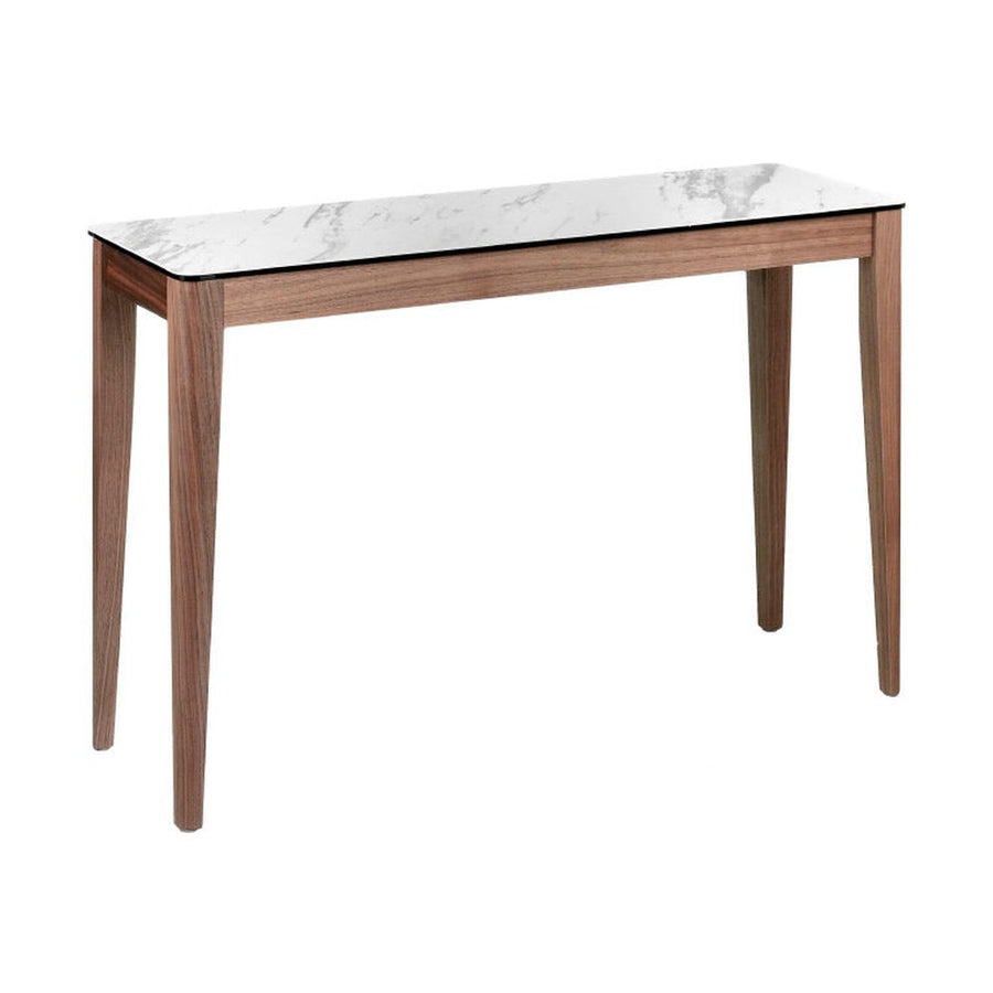 Kortárs stílusú, diófa furnérral borított, dizájn konzolasztal porcelán fedlappal.