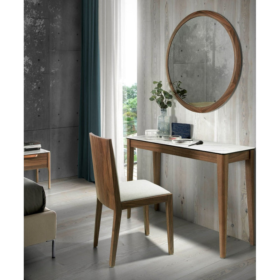 Kortárs stílusú, diófa furnérral borított, dizájn konzolasztal porcelán fedlappal.