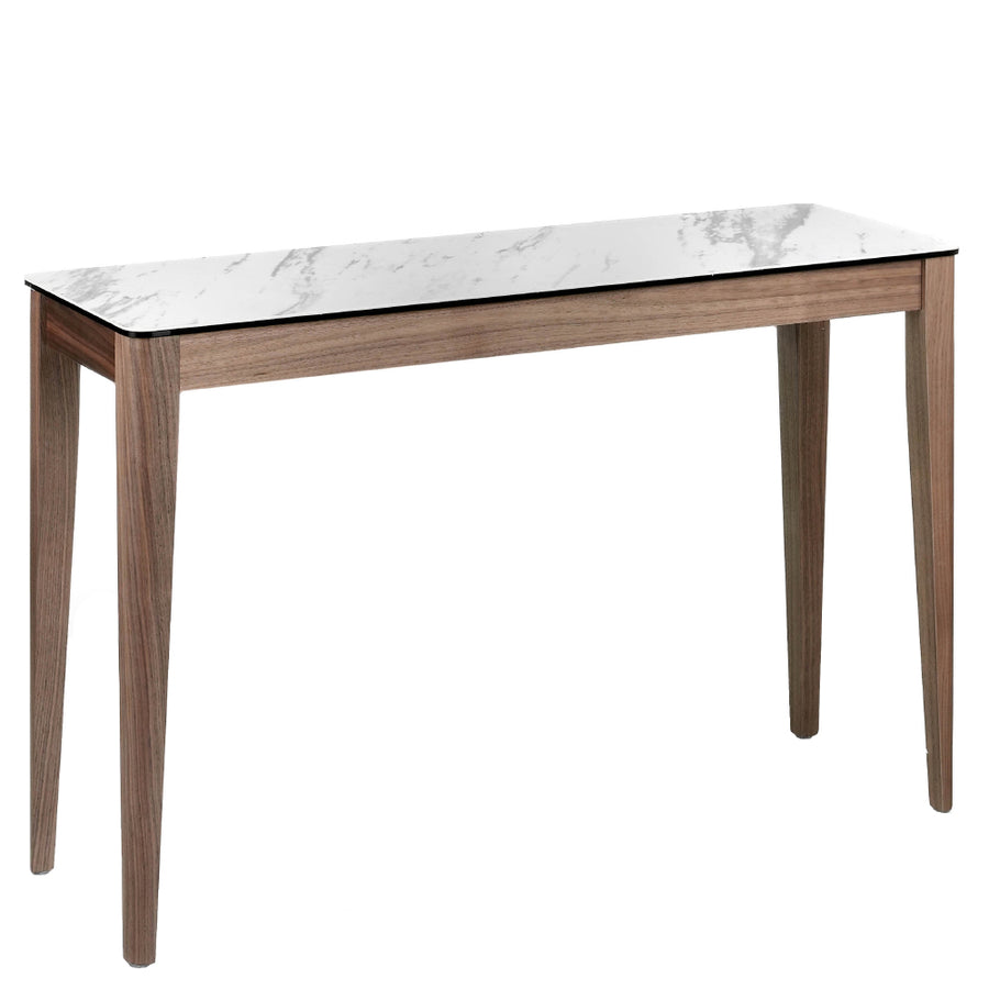 Kortárs stílusú, diófa furnérral borított, dizájn konzolasztal porcelán fedlappal.