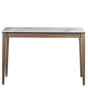 Kortárs stílusú, diófa furnérral borított, dizájn konzolasztal porcelán fedlappal.