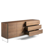 Kortárs stílusú, diófa furnérral borított design, MDF komódszekrény edzett üveg lábakkal.