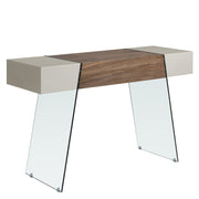 Kortárs stílusú, diófa furnérral borított, dizájn konzolasztal edzett üveg lábakkal.