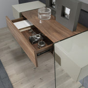 Kortárs stílusú, diófa furnérral borított, dizájn konzolasztal edzett üveg lábakkal.