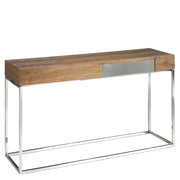 Kortárs stílusú, diófa furnérral borított, dizájn konzolasztal rozsdamentes acél lábakkal.