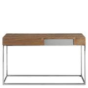 Kortárs stílusú, diófa furnérral borított, dizájn konzolasztal rozsdamentes acél lábakkal.