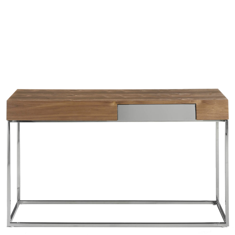 Kortárs stílusú, diófa furnérral borított, dizájn konzolasztal rozsdamentes acél lábakkal.