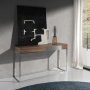 Kortárs stílusú, diófa furnérral borított, dizájn konzolasztal rozsdamentes acél lábakkal.