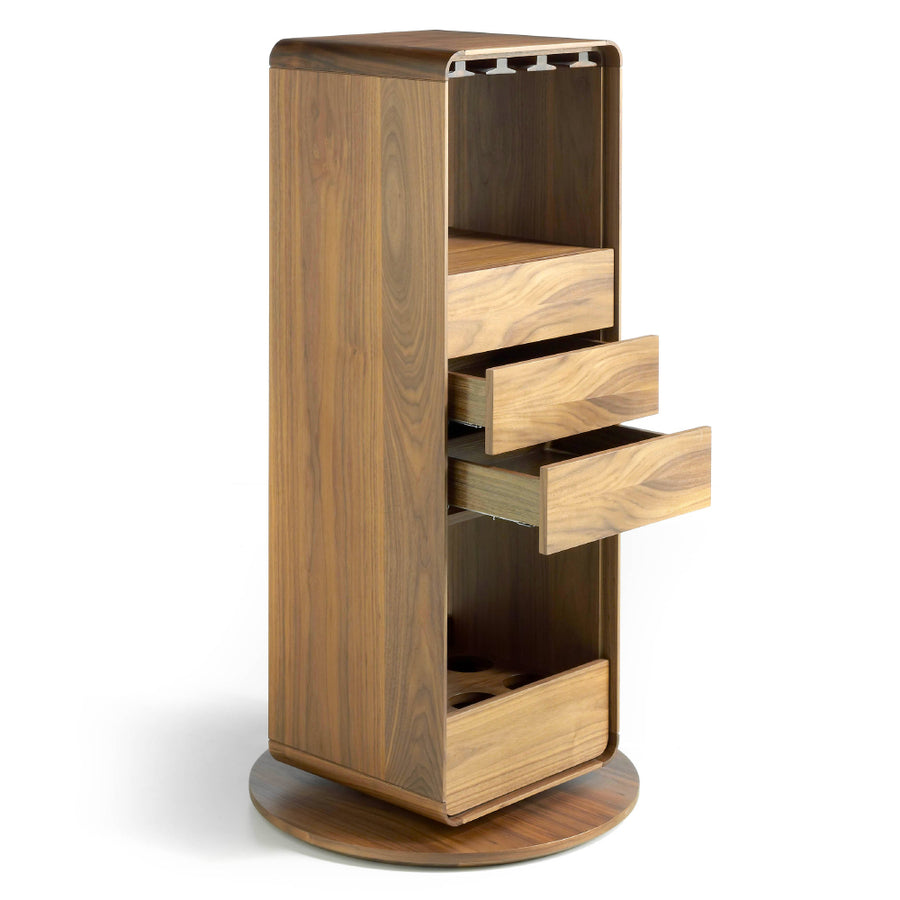 Kortárs stílusú, diófa furnérral borított, forgatható, dizájn bárszekrény.