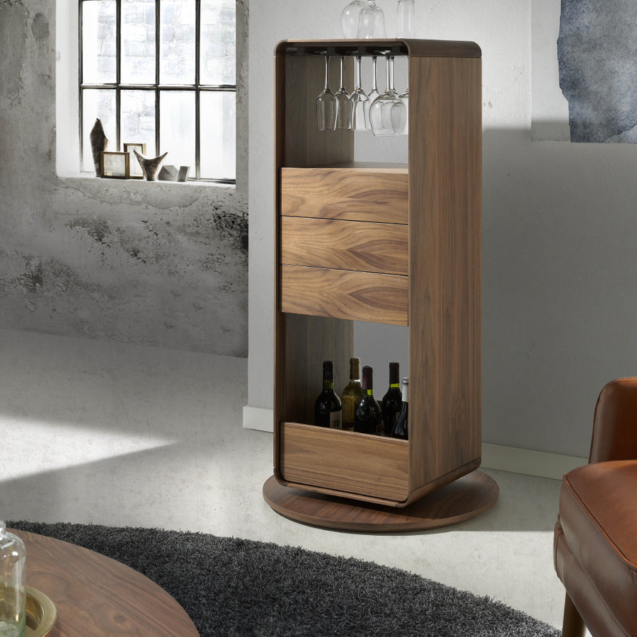 Kortárs stílusú, diófa furnérral borított, forgatható, dizájn bárszekrény.