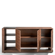 Kortárs stílusú, diófa furnérral borított, dizájn tálaló fekete színezésű, edzett üvegpolcokkal.