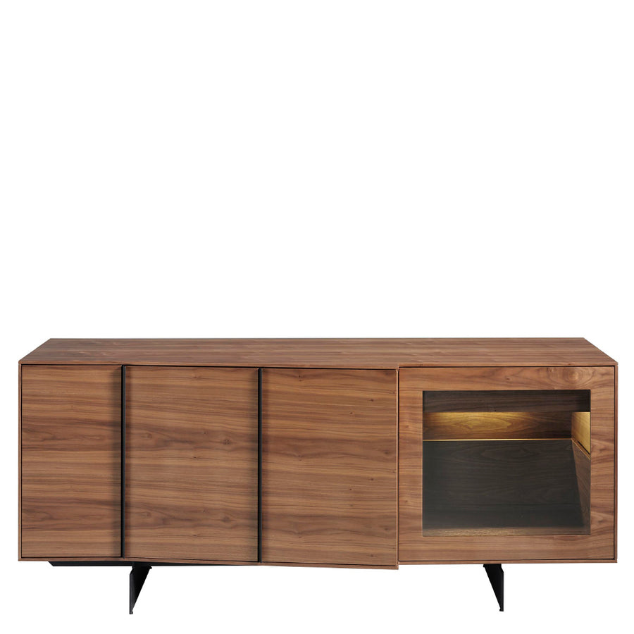 Kortárs stílusú, diófa furnérral borított, dizájn tálaló beépített, belső LED világítással.