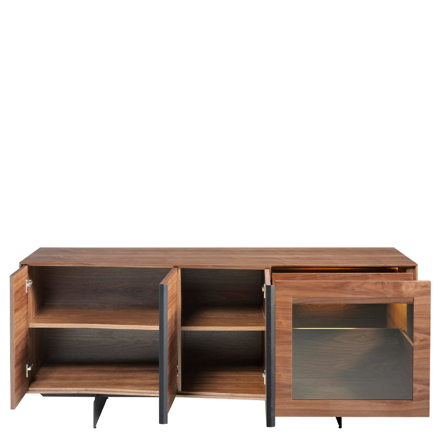 Kortárs stílusú, diófa furnérral borított, dizájn tálaló beépített, belső LED világítással.