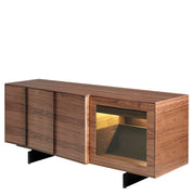 Kortárs stílusú, diófa furnérral borított, dizájn tálaló beépített, belső LED világítással.