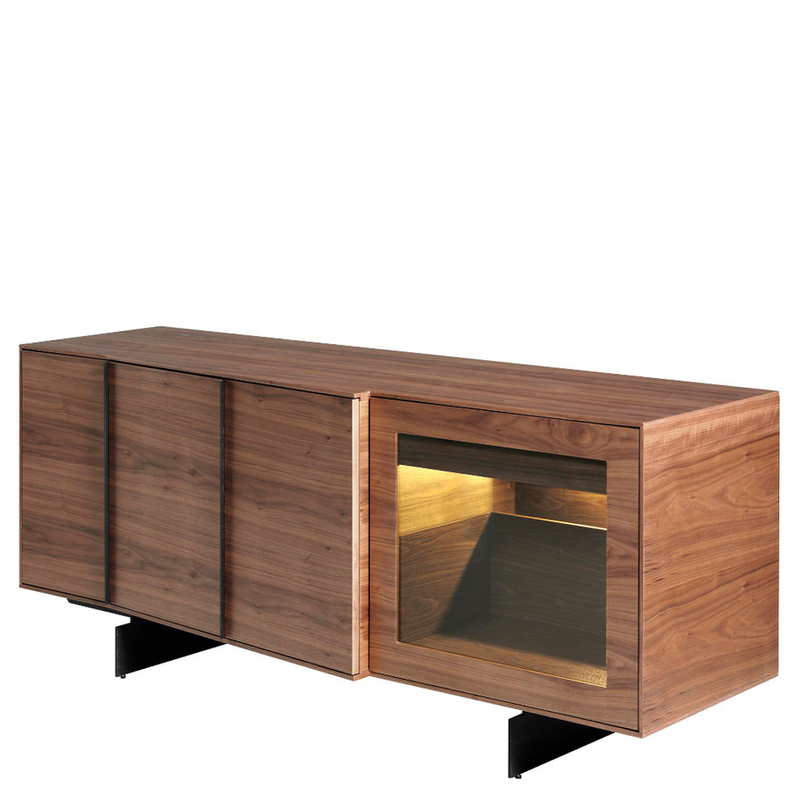 Kortárs stílusú, diófa furnérral borított, dizájn tálaló beépített, belső LED világítással.