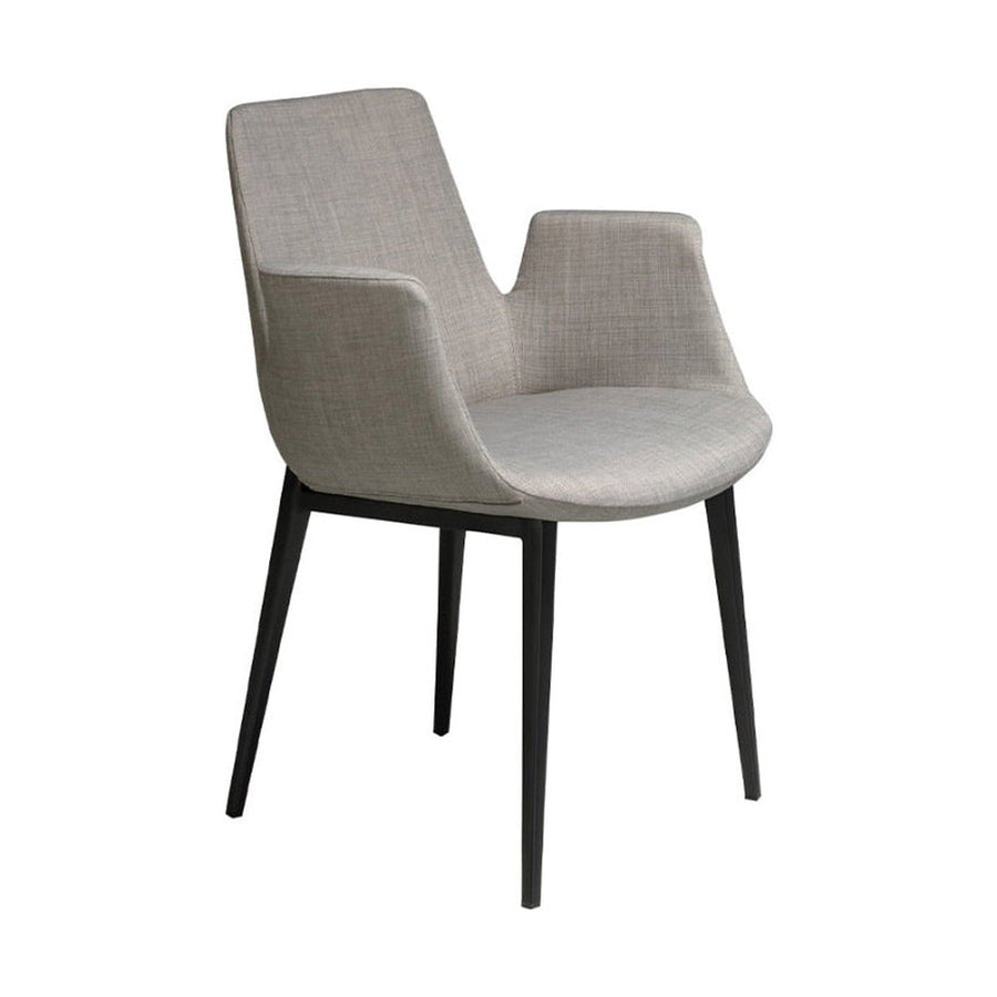 Kortárs stílusú, szürke színű szövettel kárpitozott, acél szerkezetű, dizájn étkezőszék.